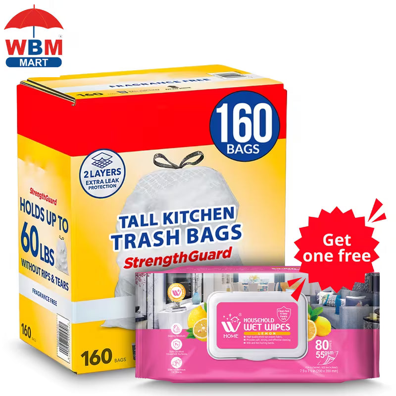 13 Gallon Drawstring Kitchen Trash Bags – 160 Count