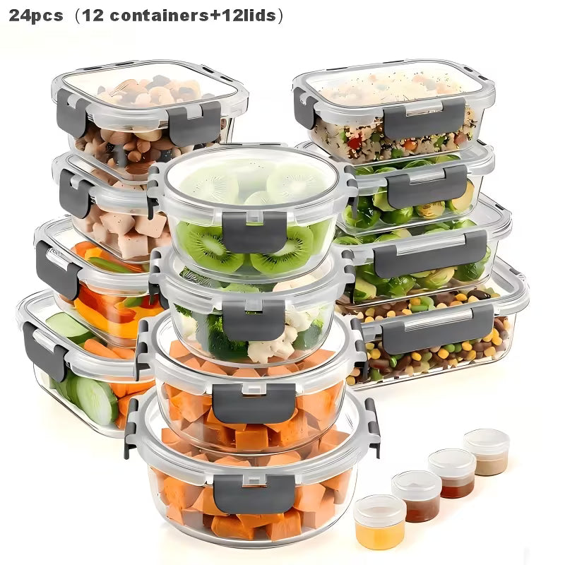 24pcs(12 containers+12 lids)Glass Food Containers with Lids, Meal Prep, Food Storage Kitchen Lunch Containers, Leak-proof, Sealed Glass Lunch Bento Boxes, Suitable for Microwave, Oven, Refrigerator, And Dishwasher, Grey