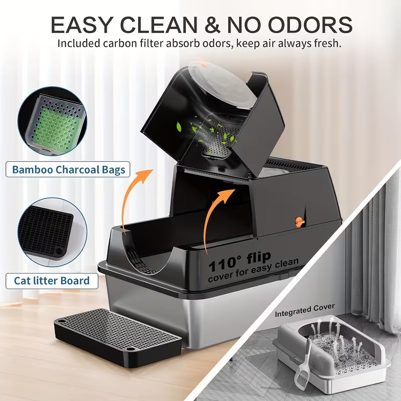 XL Stainless Steel Cat Litter Box with High Sides & Flip-Top Design