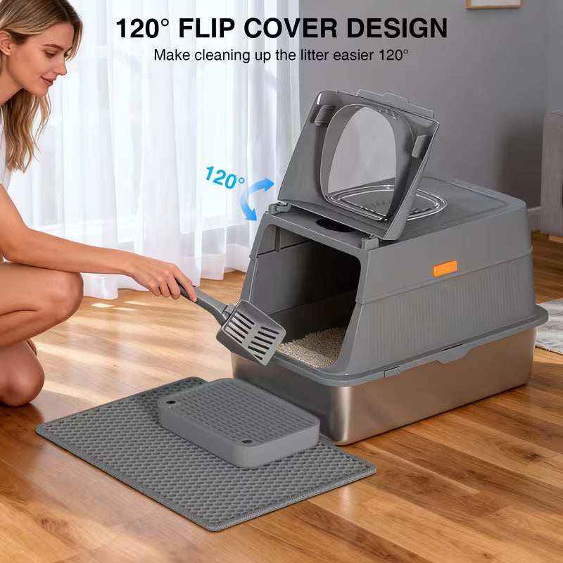 CITYLIFE Oversized Stainless Steel Covered Cat Litter Box