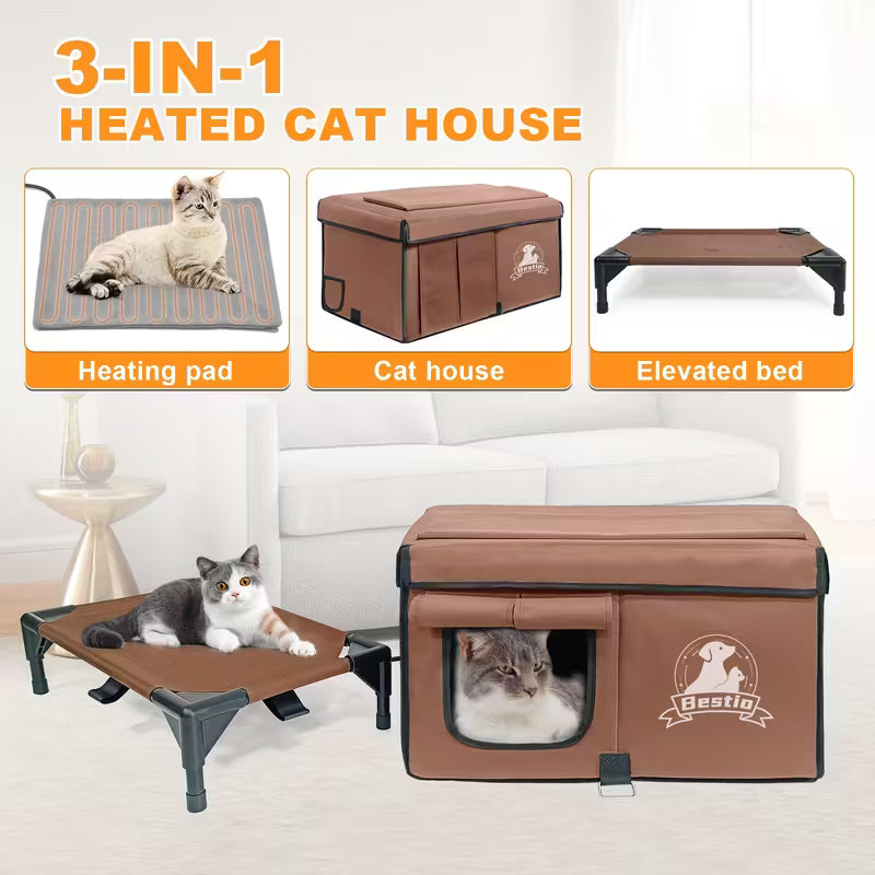 3-in-1 Cat House with Elevated Bed & Cozy Cushion