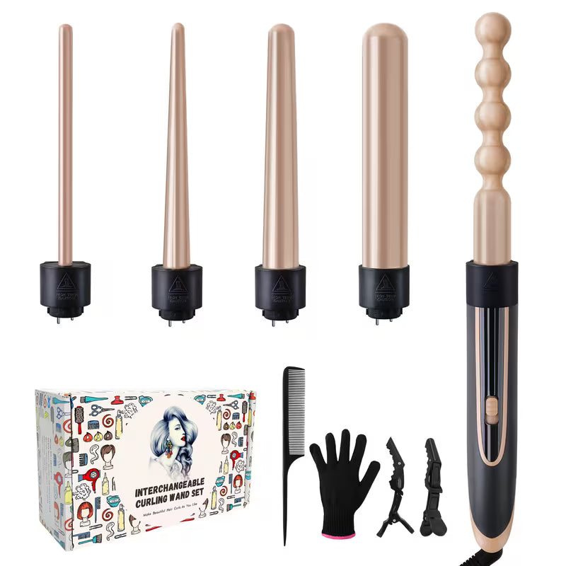 5-in-1 Ceramic Curling Iron Set with Interchangeable Barrels, Dual Voltage