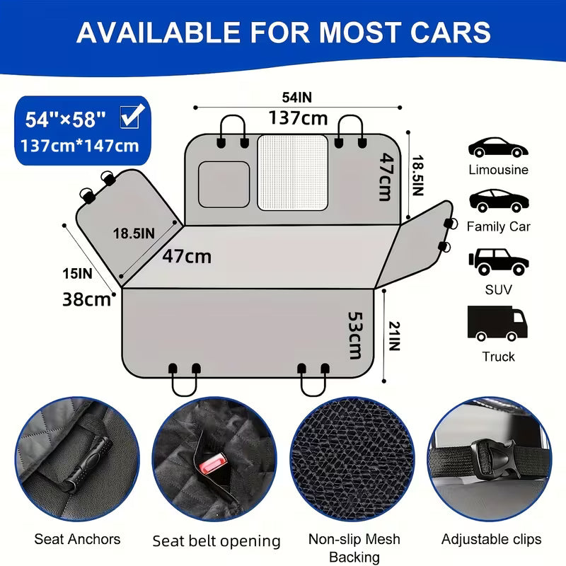 Waterproof Dog Car Seat Cover Hammock with Mesh Window & Pockets