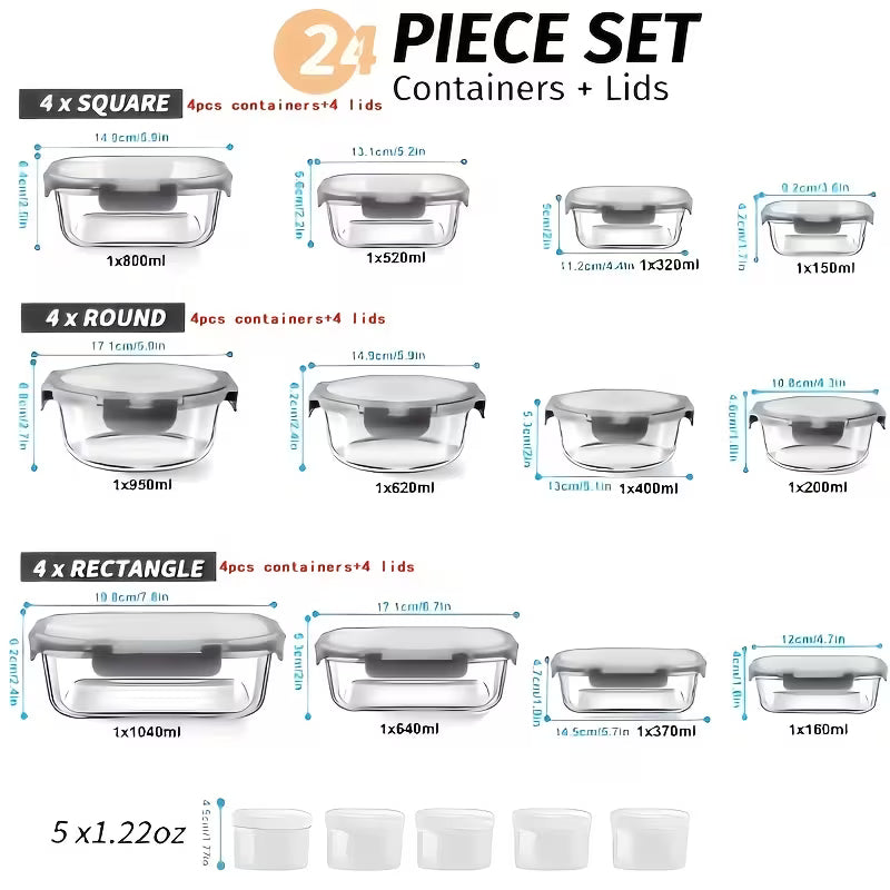 24pcs(12 containers+12 lids)Glass Food Containers with Lids, Meal Prep, Food Storage Kitchen Lunch Containers, Leak-proof, Sealed Glass Lunch Bento Boxes, Suitable for Microwave, Oven, Refrigerator, And Dishwasher, Grey