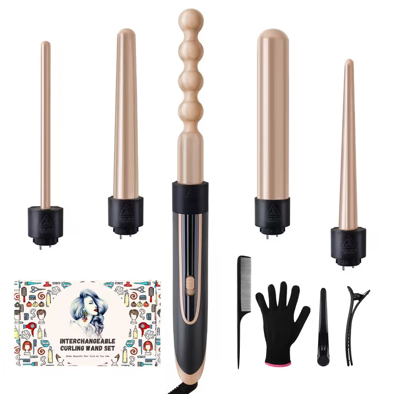 5-in-1 Ceramic Curling Iron Set with Interchangeable Barrels, Dual Voltage