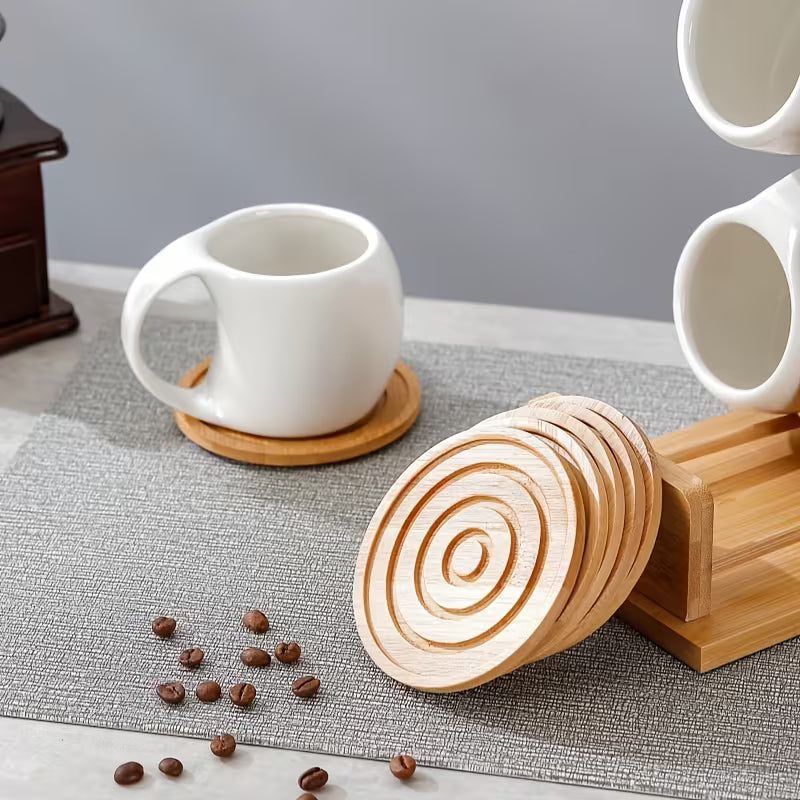 6pcs Ceramic Coffee Cup Set with Wooden Coasters and Cup Holder, Suitable for Lattes, Cappuccinos, Espresso Mugs, and Teacups - a Perfect Choice for Home, Office, or Café Use, Ideal as a Holiday Gift or Birthday Present, 200ml/6.8oz