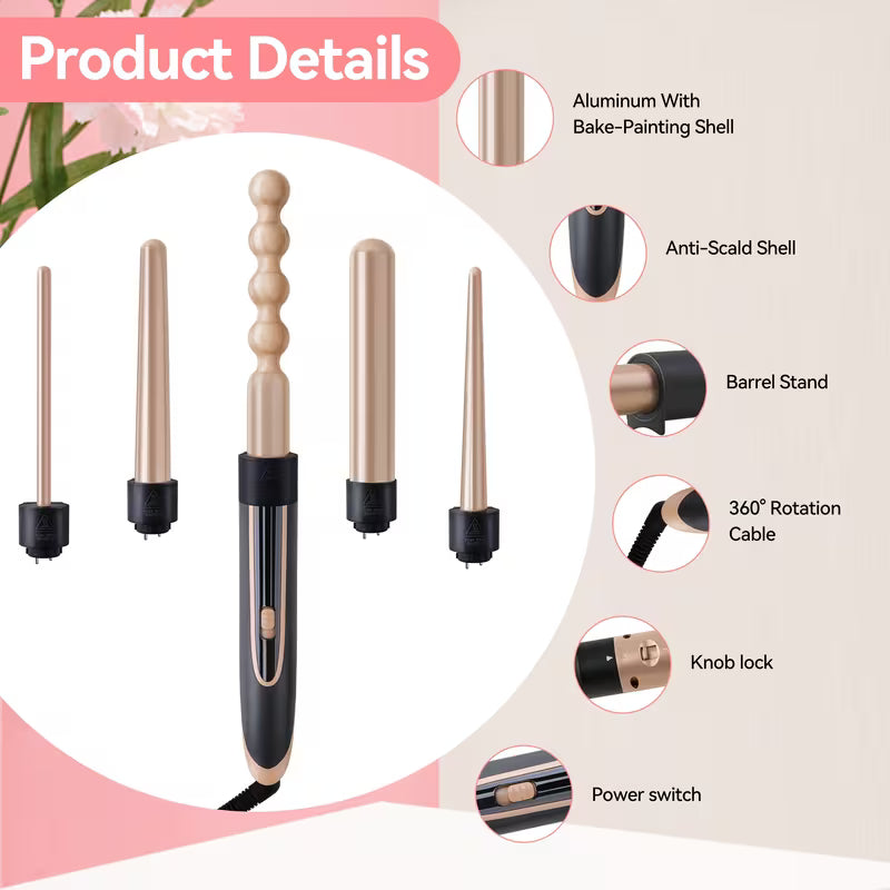 5-in-1 Ceramic Curling Iron Set with Interchangeable Barrels, Dual Voltage