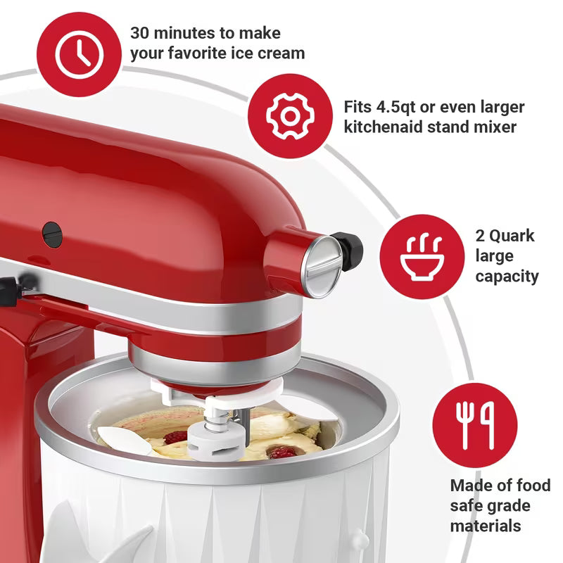 2QT Ice Cream Maker Attachment for KitchenAid Mixers