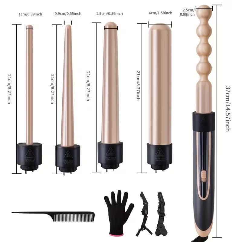 5-in-1 Ceramic Curling Iron Set with Interchangeable Barrels, Dual Voltage