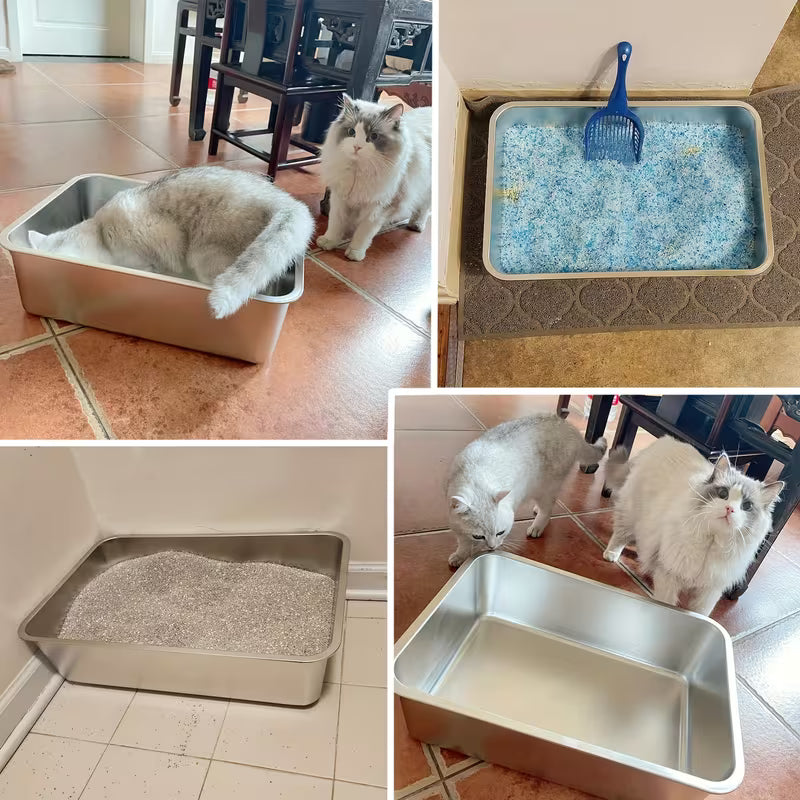 2PCS XL Stainless Steel Cat Litter Boxes with 6" High Sides