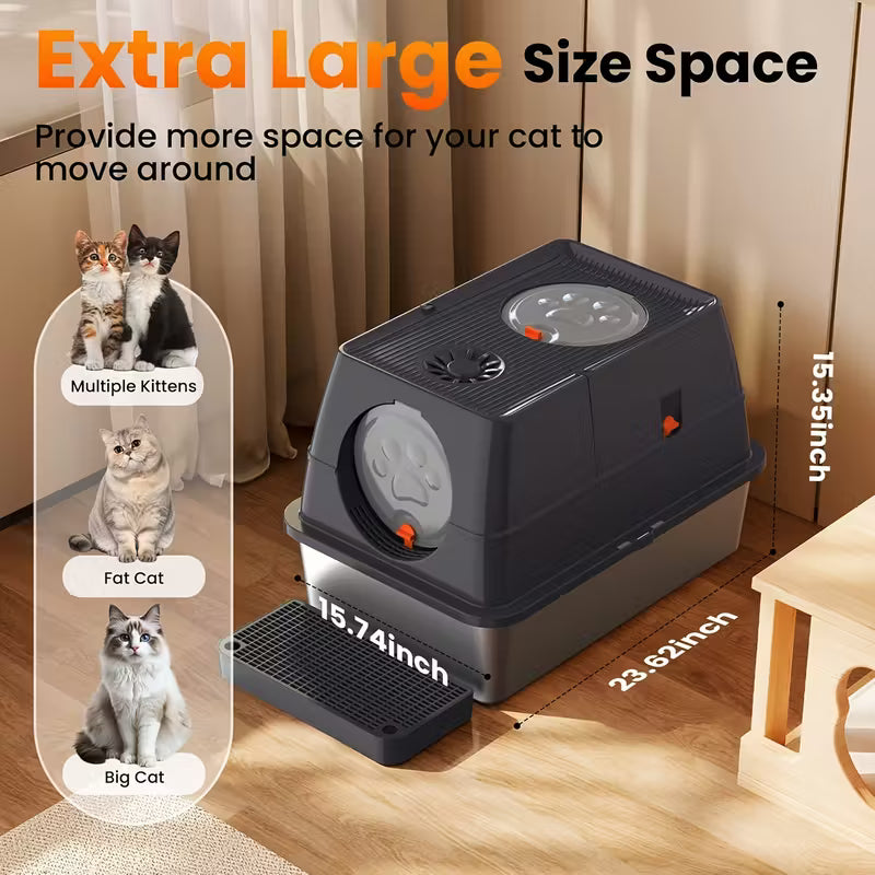 XL Stainless Steel Cat Litter Box with High Sides & Flip-Top Design