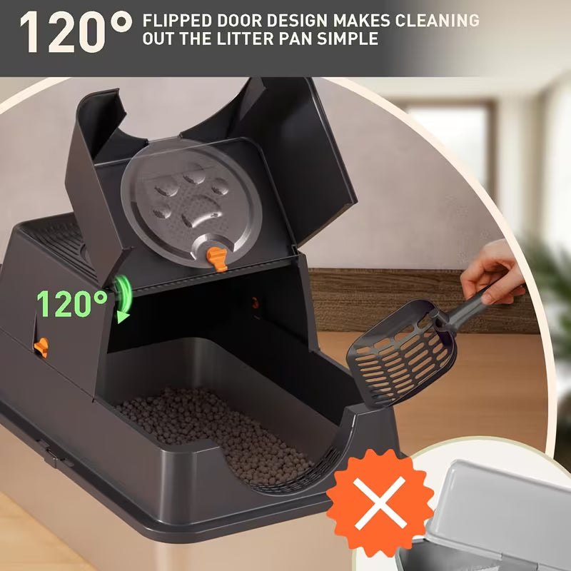 XL Stainless Steel Cat Litter Box with High Sides & Flip-Top Design