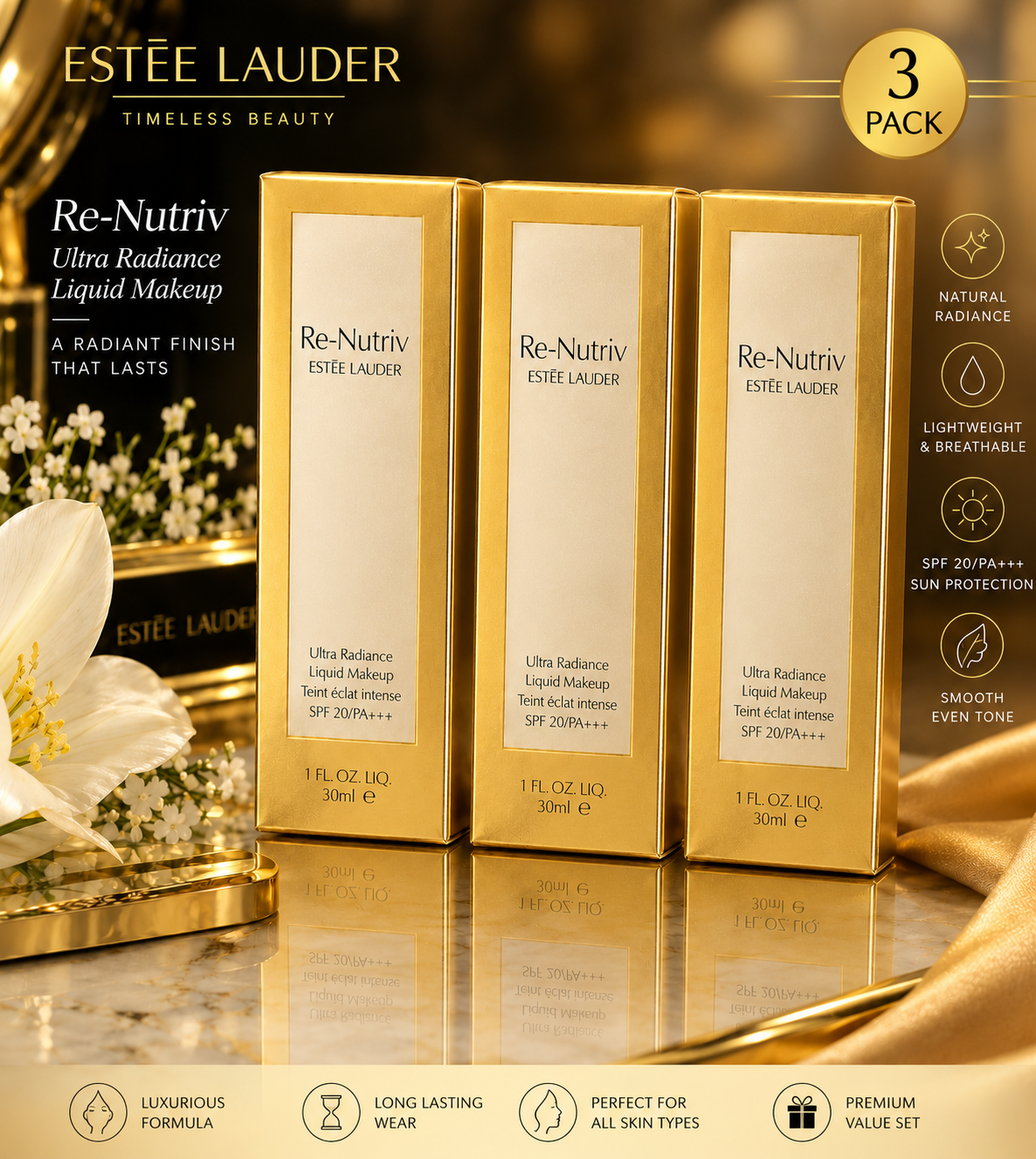 Estée Lauder Re-Nutriv Ultra Radiance Liquid Makeup Foundation – 3 Pack, SPF 20