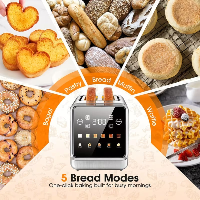 Touch Screen Toaster 2 Slice, Stainless Steel Smart Digital Toasters With Memory Function, 5 Bread Types & 6 Shade Settings, 1.5" Toasters 2 Slice Wide Slot, 900W.