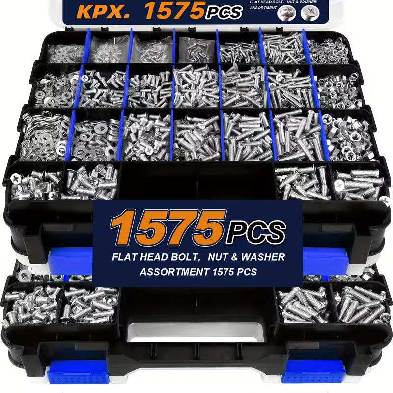 1575pcs Nut And Bolt Assortment Set Phillips Head And Flat Head Screws Multiple Common Nuts, Bolts, And Washers Includes Double-Sided Sturdy Storage Case Durable And Long-Lasting