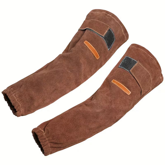 Flame-resistant leather welding arm protection sleeves.