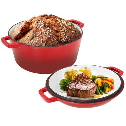 6QT 2-In-1 Enameled Cast Iron Dutch Oven, Ideal for Baking Bread, Cooking, And Stewing, Durable And Nonstick, Oven Safe Up to 500° F, Features Dual Handles, Compatible with All Stovetops