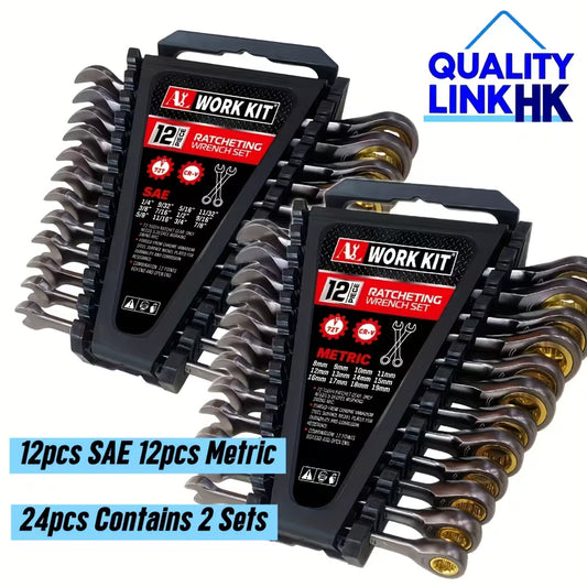 12/24-Piece Ratcheting Wrench Set – SAE & Metric