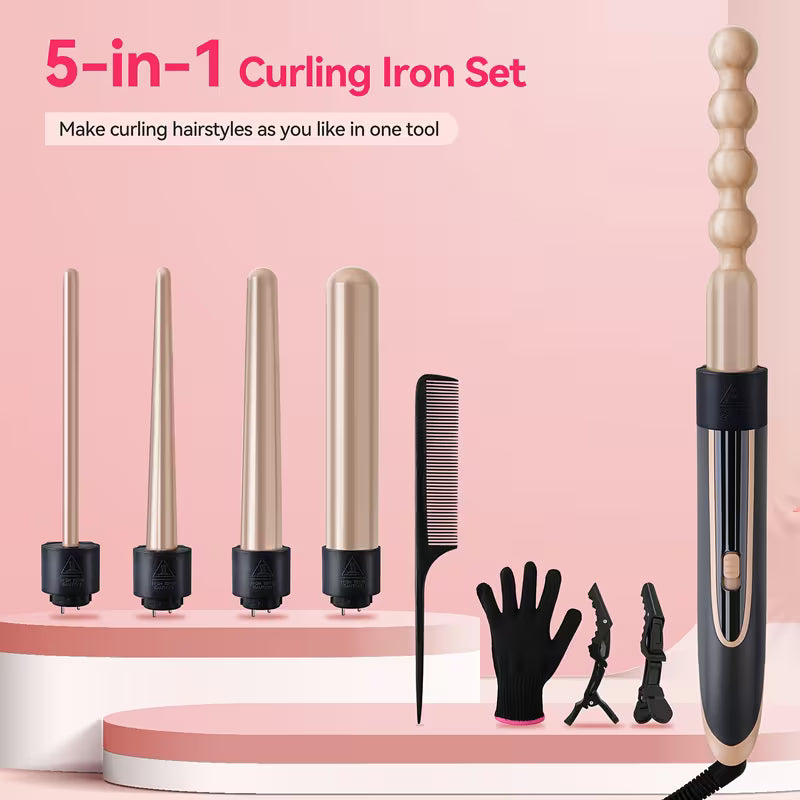 5-in-1 Ceramic Curling Iron Set with Interchangeable Barrels, Dual Voltage