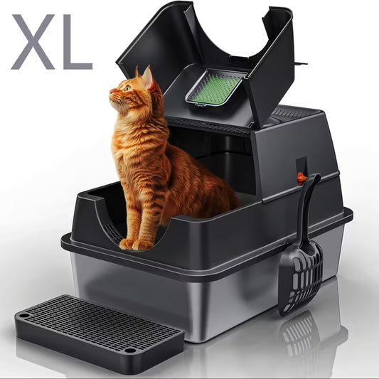 XL Stainless Steel Cat Litter Box with High Sides & Flip-Top Design