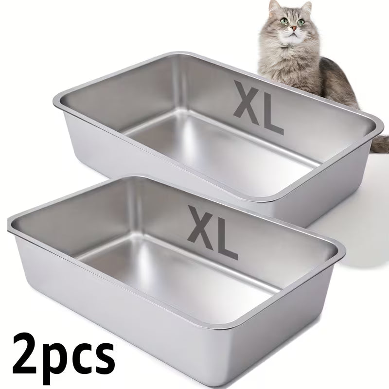 2PCS XL Stainless Steel Cat Litter Boxes with 6" High Sides