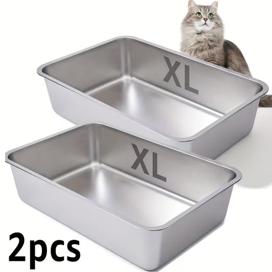 2PCS XL Stainless Steel Cat Litter Boxes with 6" High Sides