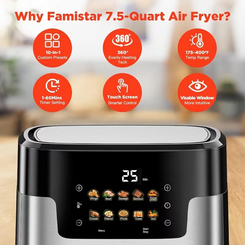 [10-in-1 Air Fryer] 10-in-1 Digital LED Touch Screen Air Fryer, 7.5QT Oilless Cooker With 10 Preset Cookings, Dishwasher-Safe Basket & 100pcs Air Fryer Paper Liners