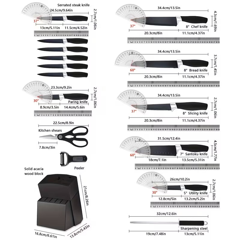 Brodark 15-Piece Kitchen Knife Set with Block
