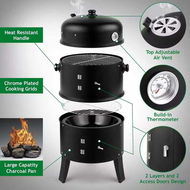 3-In-1 Portable Charcoal Smoker Grill with Built-In Thermometer, Adjustable Height BBQ Grill & Fire Pit, Large Cooking Grate, Charcoal Grill Outdoor Grill for Camping, Backyard, Tailgating, Father's Day Gift for Dad, BBQ Gifts for Men