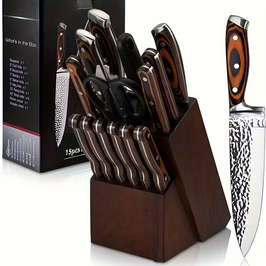 Kitchen Knife Set, 15pcs Knife Set With Block Wooden, Self Sharpening For Chef Knife Set, Medium Carbon Stainless Steel Hammered Knife Block Set With Steak Knives, Knives For Men, Boxed Knife Sets For Kitchen, For Family Gift