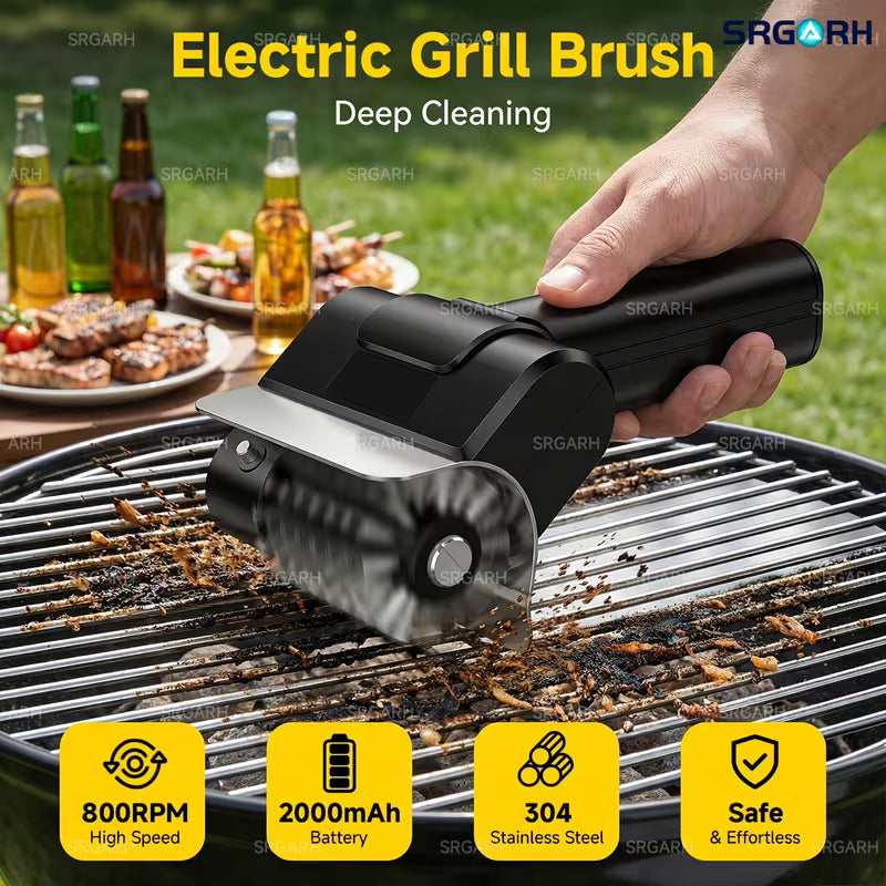 Cordless Electric Grill Brush, 800 RPM Rotating Grill Cleaner, 2000Mah Rechargeable Battery, 304 Stainless Steel Bristles BBQ Cleaning Tool, Includes Replacement Brush Head And 1 Pair Gloves, Portable Outdoor Barbecue Grill Scrubber, Black