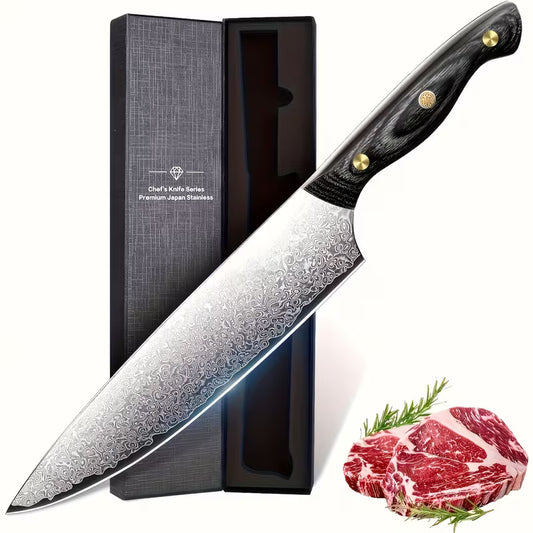8-Inch Damascus Chef Knife - VG10 Steel, Perfect for Father's Day, Mother's Day Gifts. Ideal for Chopping Veg, Fruit, Meat. Sharp, Ergonomic Wood Design