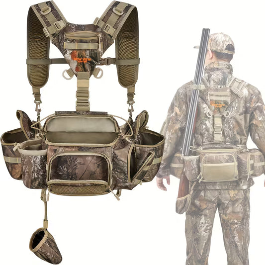 Camo hunting waist pack with 9 pockets and rifle holder.