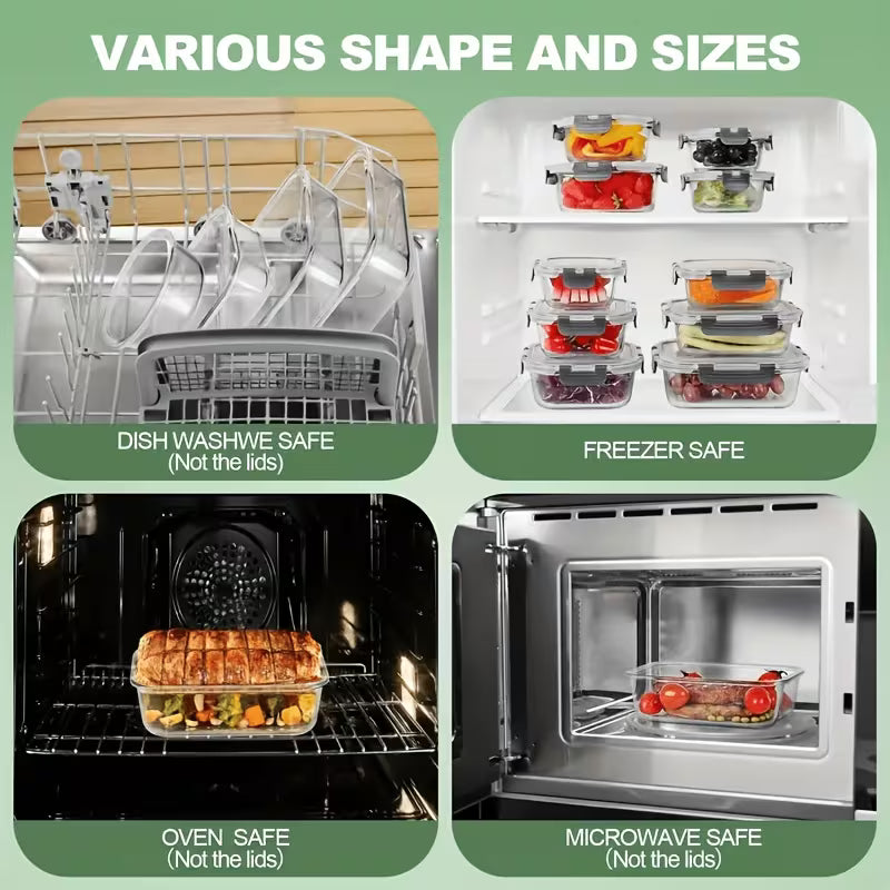 24pcs（12 containers+12 lids）Glass Food Containers with Lids, Meal Prep, Food Storage Kitchen Lunch Containers, Leak-proof, Sealed Glass Lunch Bento Boxes, Suitable for Microwave, Oven, Refrigerator, And Dishwasher, Grey