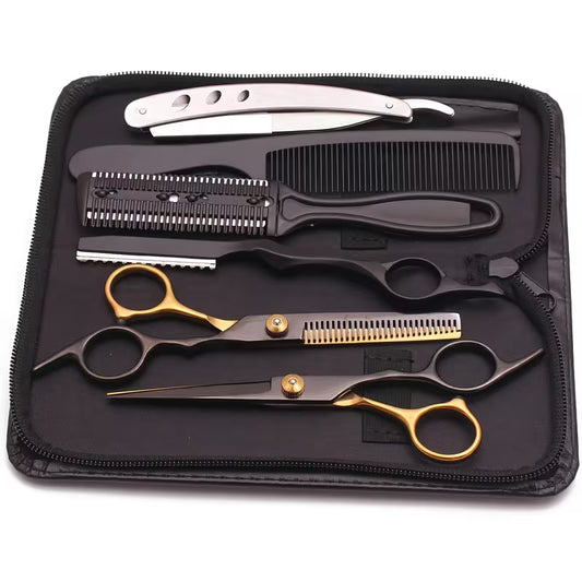Professional hair cutting scissors kit with accessories.