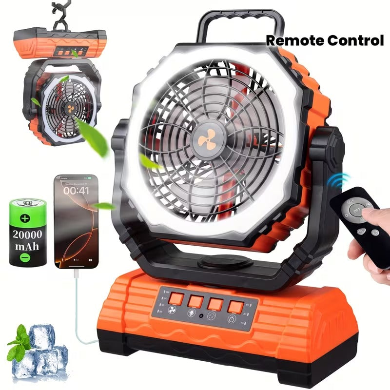 Cold Air Battery Powered Fan with 4LED Lantern, 20000mAh Dual Motor Camping Fan, 4-Speed Adjustable Desktop Fan with Hook, Remote Control Portable Outdoor Fan Suitable for Tents, Power Outages and Construction Sites
