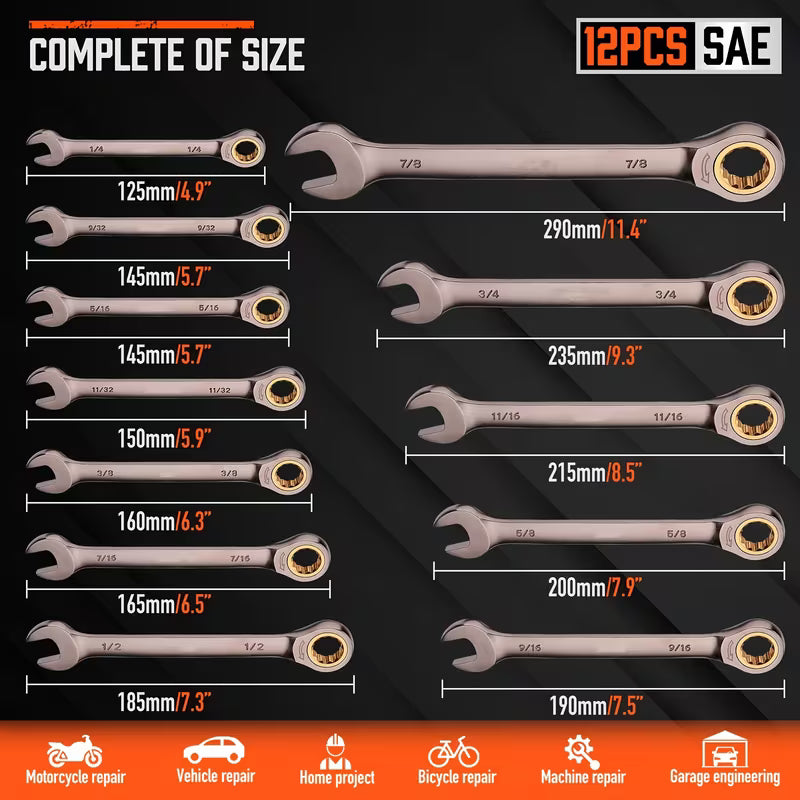 12/24-Piece Ratcheting Wrench Set – SAE & Metric