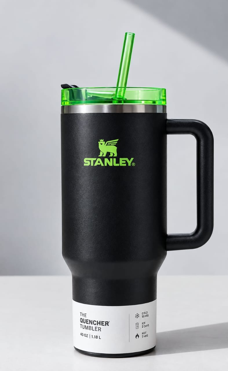 Stanley Quencher 40oz Tumbler with Handle, Black Cup with Neon Green Straw,