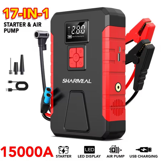 15000A-21000A Peak 350PSI 12V 17-in-1 Portable Jump Starter with Air Compressor Jump Starter, Car Battery Charger, Car Jump Starter with Air Compressor, Jump Starter Para, Car Accessories Tools, LED Light, Battery Charger, Cart Battery Charger