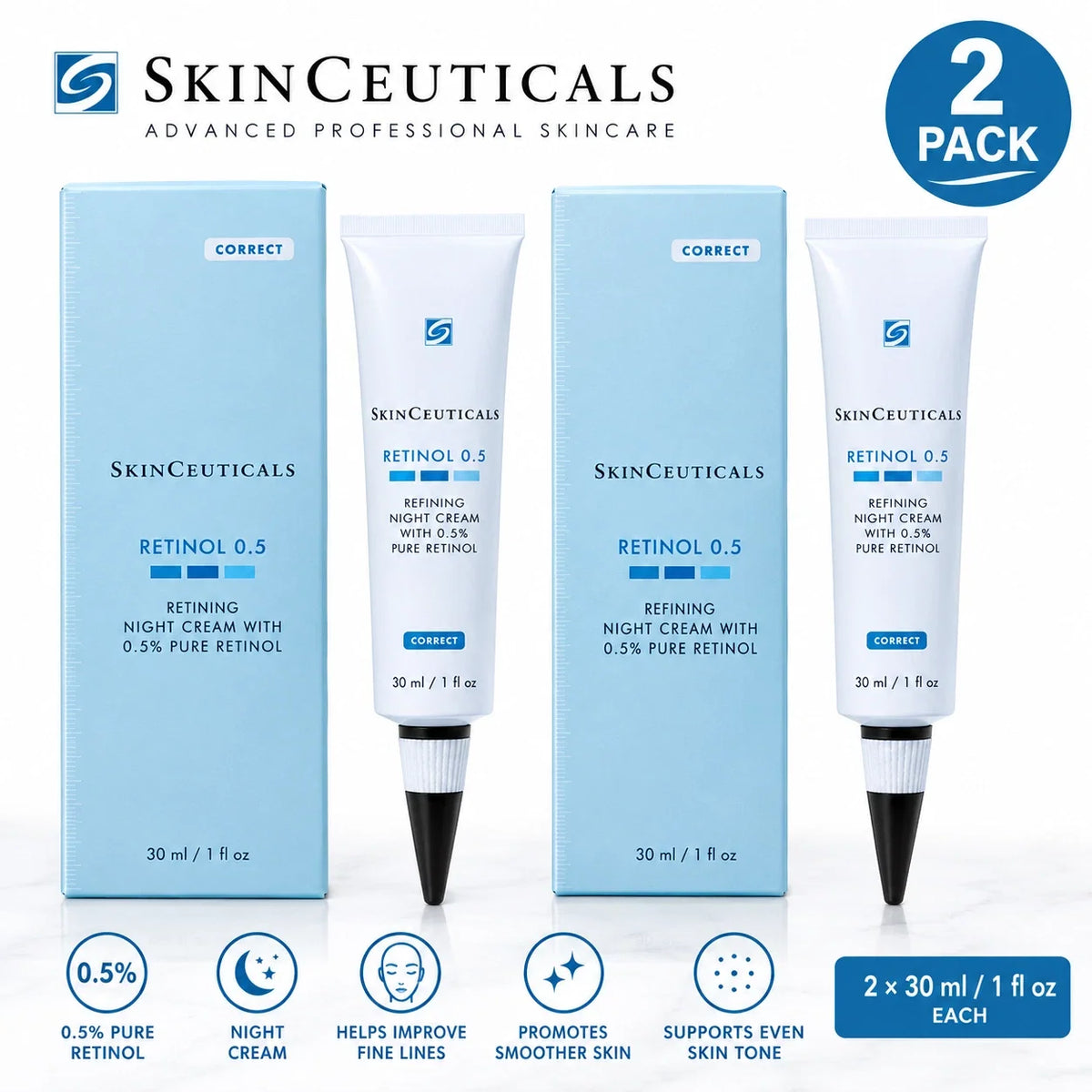 SkinCeuticals Retinol 0.5 Refining Night Cream 0.5% Pure Retinol – 2 Pack, 30ml Each